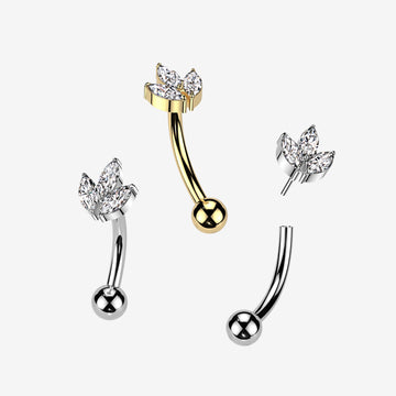 Detail View 1 of Implant Grade Titanium OneFit Threadless Golden Marquise Flower Sparkle Top Curved Barbell-Clear Gem